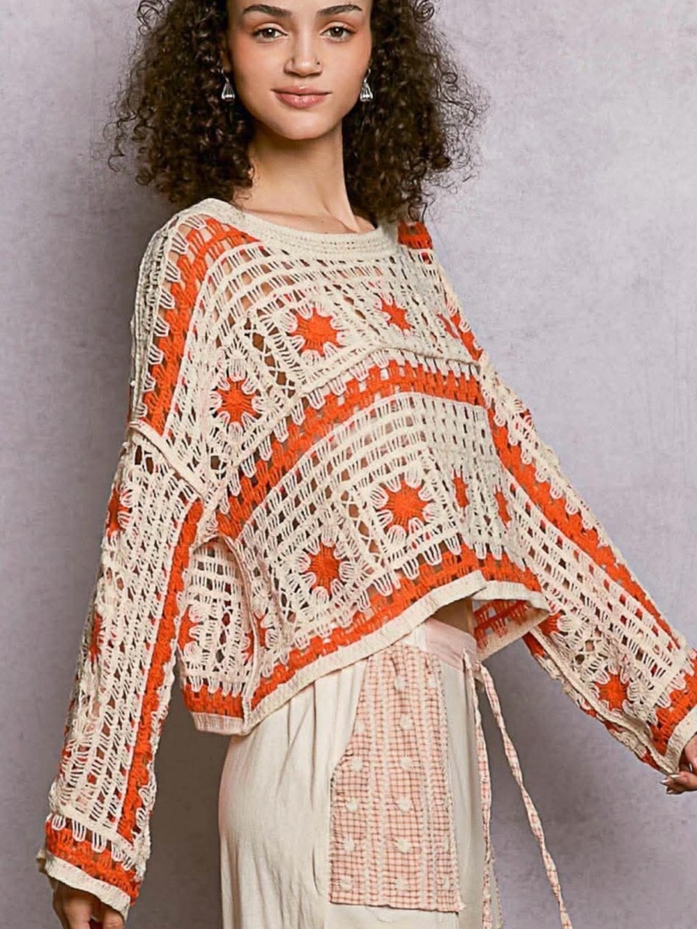 POL Openwork Crochet Sweater in Cream and Orange